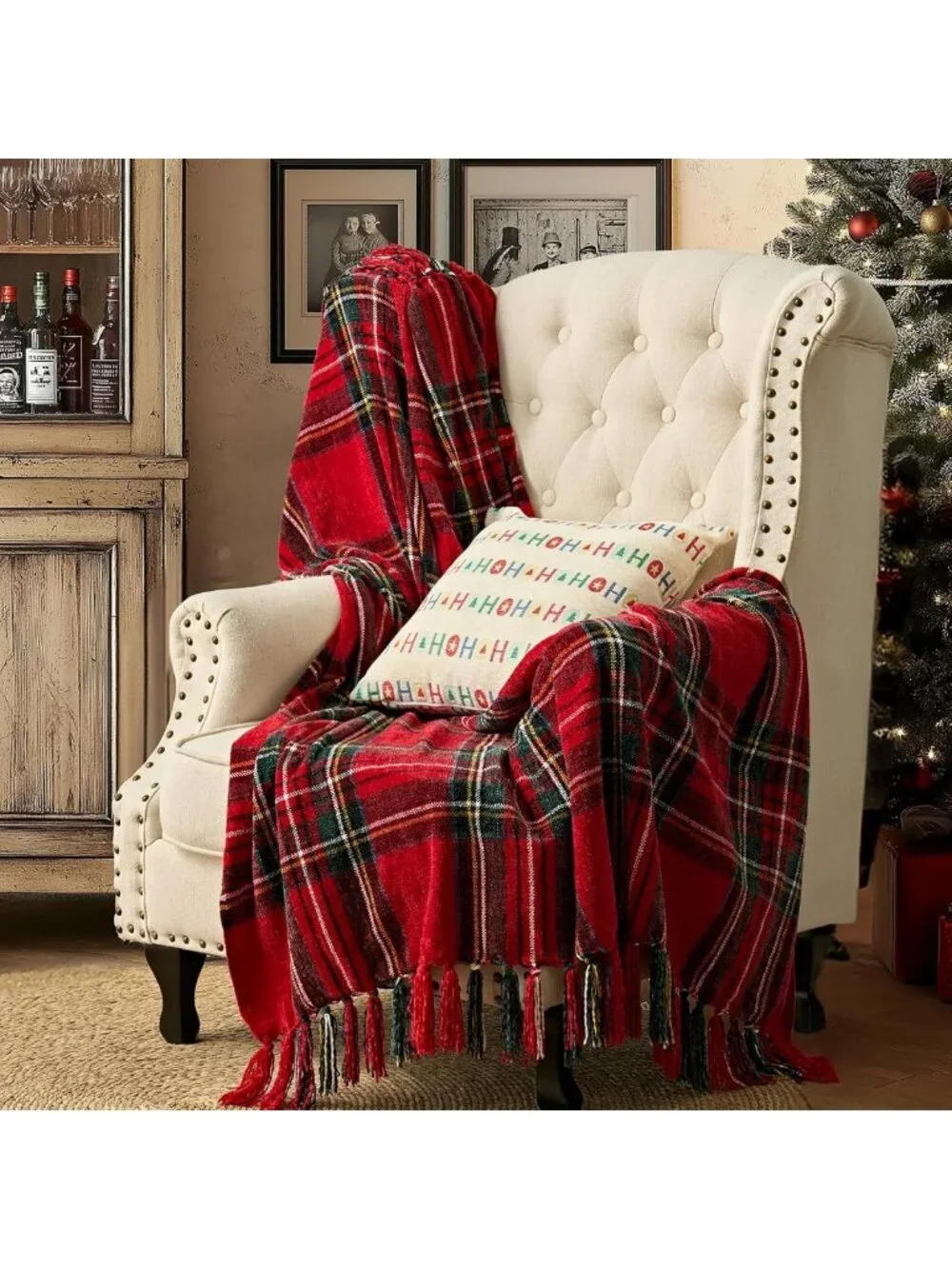 Cozy Red Stewart Plaid Chenille Christmas Throw Blanket, 60